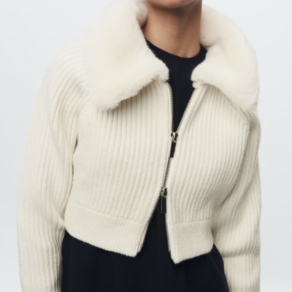ZARA FAUX FUR LAPEL COLLAR KNIT CARDIGAN